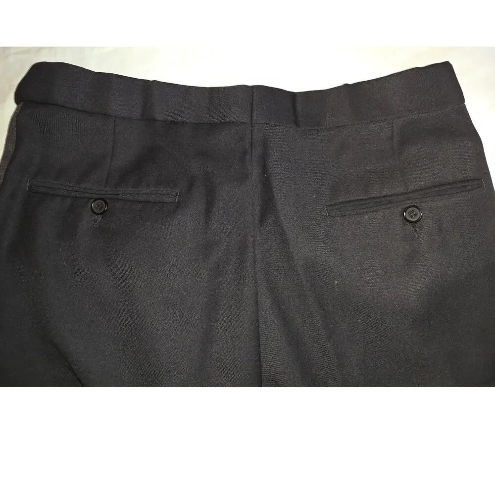 Vintage Y2K Mens Black Pleated Tuxedo Pants Satin Stripe Adjustable Waist 30x29